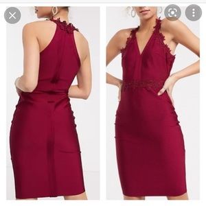 Lipsy Pencil Dress with Crochet Lace Trim, Berry